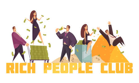 Exclusive rich people celebrities club header with millionaire sliding from money heap horizontal composition cartoon vector illustrationのイラスト素材