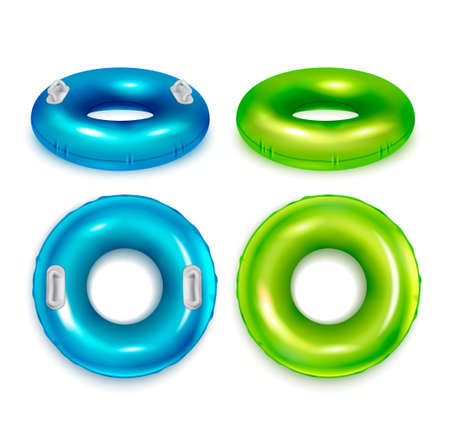 Inflatable modern colorful rubber swimming rings realistic set top and side view blue green isolated vector illustrationのイラスト素材