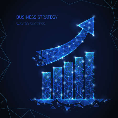 Polygonal wireframe business strategy composition with editable text and images of columns and arrow shining particles vector illustrationのイラスト素材