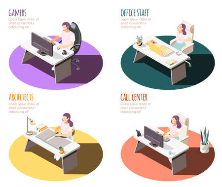 Sedentary lifestyle isometric 4x1 set of compositions with working place spots tables and people with text vector illustrationのイラスト素材
