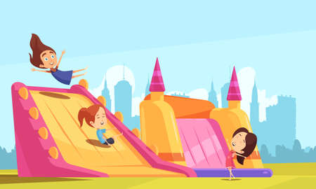 Jumping trampolines composition of teenage girls on trampoline bouncy castles with flat cityscape background and sky vector illustrationのイラスト素材