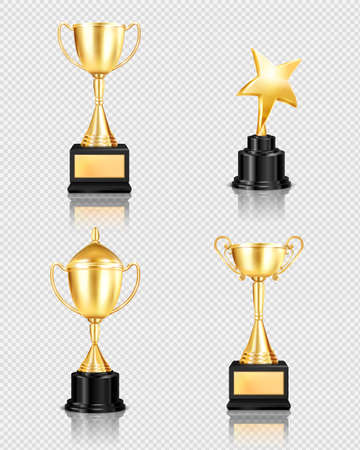 Trophy award realistic set on transparent background with isolated images of golden cups of different shape vector illustrationのイラスト素材