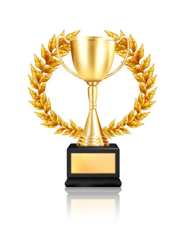 Trophy award laurel wreath composition with realistic image of golden cup decorated with garland with reflection vector illustrationのイラスト素材