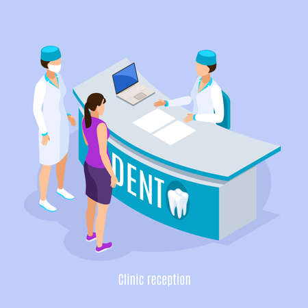 Dental clinic reception area isometric composition with patient and assistant making appointment light blue background vector illustrationのイラスト素材