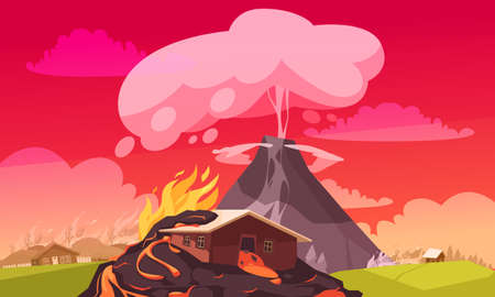 Natural disasters eruption composition of flat cartoon style landscape with burning houses and convulsion of nature vector illustrationのイラスト素材