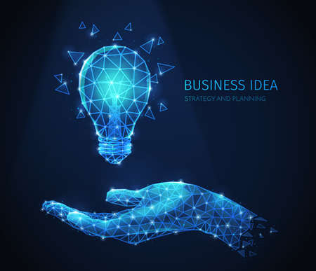 Polygonal wireframe business strategy composition with glittering images of human hand and incandescent lamp with text vector illustrationのイラスト素材