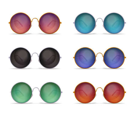 Set of isolated sunglasses realistic images with six different models of colourful round shaped sun goggles vector illustrationのイラスト素材