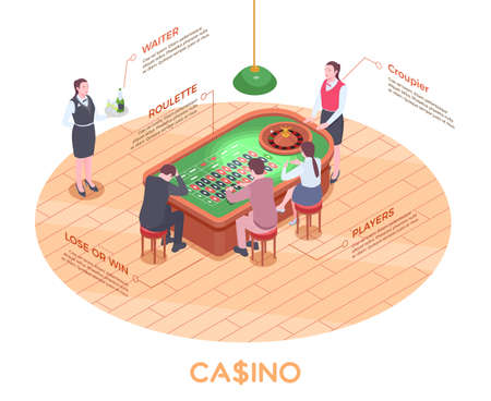 Isometric composition with people playing roulette in casino 3d vector illustrationのイラスト素材