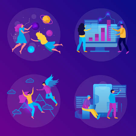 Virtual reality flat concept set with couple of people playing in virtual reality glasses vector illustrationのイラスト素材