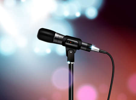 Professional microphone concert realistic composition with vocal mic image mounted on stand with colourful blurred background vector illustrationのイラスト素材