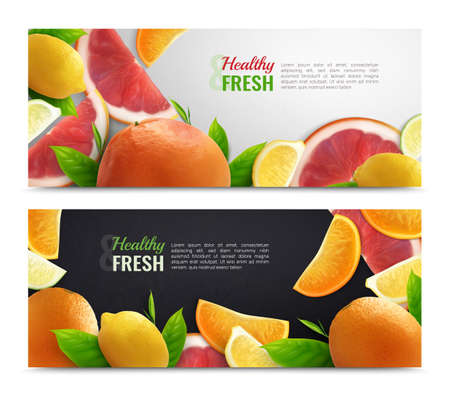 Citrus colorful horizontal banners with fresh fruit set and healthy caption realistic vector illustrationのイラスト素材
