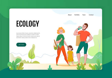 Zero waste concept flat banner web page with family using eco friendly sustainable natural products vector illustrationのイラスト素材
