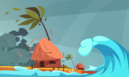 Natural disasters composition with rain and tsunami on ocean front with bungalow and tropical coast background vector illustrationのイラスト素材