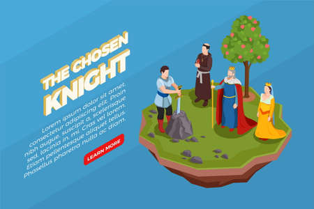Chosen knight with sword in stone priest royal persons medieval isometric composition on blue background vector illustrationのイラスト素材