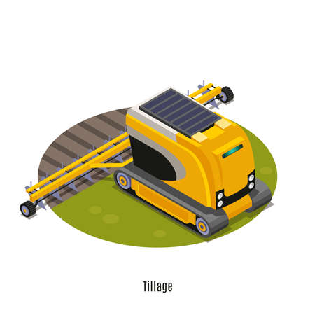 Agricultural robots isometric round composition with fully automated tillage plow land cultivating machinery white background vector illustrationのイラスト素材