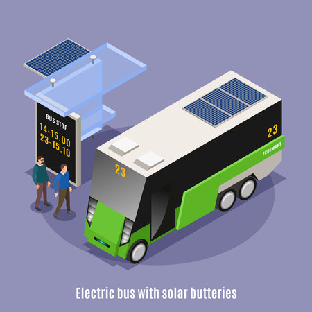 Smart urban ecology isometric background with view of modern bus shelter and electric omnibus with text vector illustrationのイラスト素材