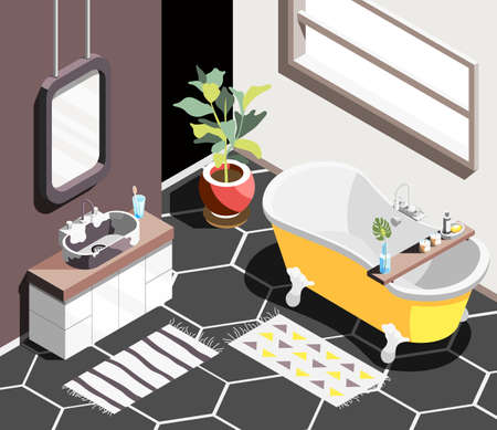 Loft interior isometric background with modern bathroom environment with horizontal window bath and sink with mirror vector illustrationのイラスト素材