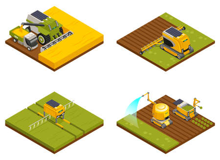 Agricultural robots concept 4 isometric compositions with hoeing plowing planting  watering fertilizing and harvesting machinery vector illustrationのイラスト素材