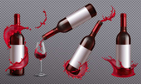 Wine splash realistic set of images on transparent background with jars and drinking glass vector illustrationのイラスト素材
