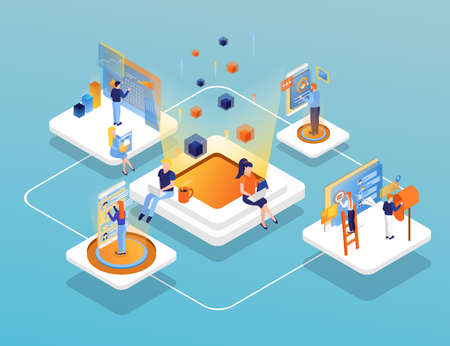 Holographic human machine direct manipulation interfaces system in big data transfer analysis communication isometric composition vector illustrationのイラスト素材