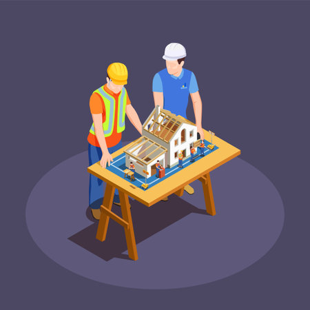 Architect and foreman with house construction project on wooden desk isometric composition on dark background vector illustrationのイラスト素材