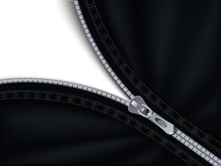 Half closed grey plastic zipper sewing to black fabric abstract background realistic vector illustrationのイラスト素材