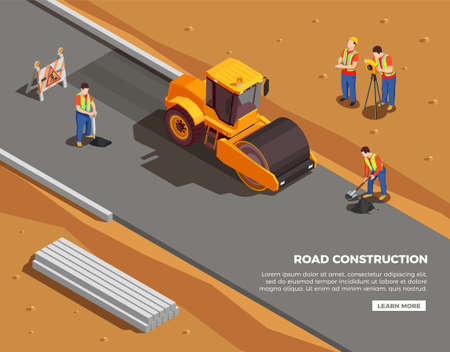 Builders and surveyors with machinery and warning signs during road construction isometric composition vector illustrationのイラスト素材