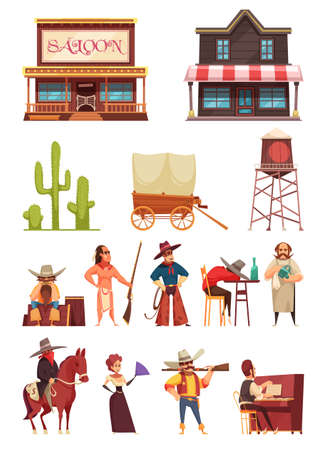 Cowboy wild west set with isolated icons of historic buildings and human characters in various situations vector illustrationのイラスト素材