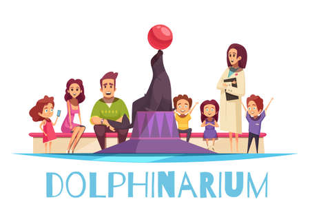 Dolphinarium flat background composition with text and cartoon style human characters of family members and interpreter vector illustrationのイラスト素材