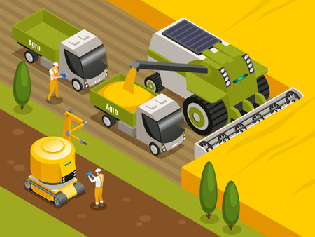 Agricultural robots isometric composition with automated remote controlled combine harvester threshers working in wheat field vector illustrationのイラスト素材
