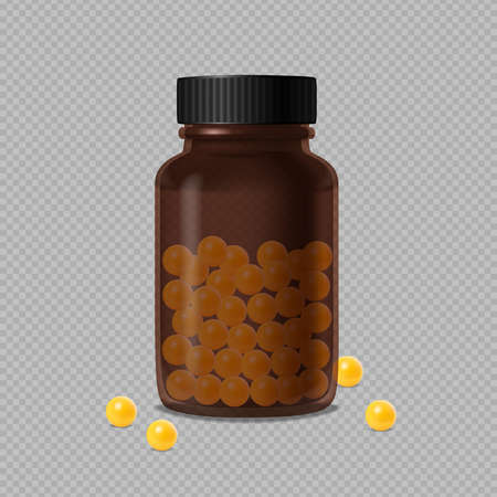 Closed medical brown glass bottle and scattered yellow vitamin dragee on transparent background realistic vector illustrationのイラスト素材