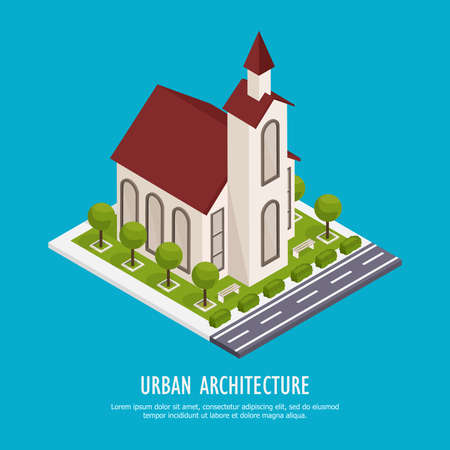 Urban architecture historical and modern public buildings isometric background poster with town cathedral parish church vector illustrationのイラスト素材