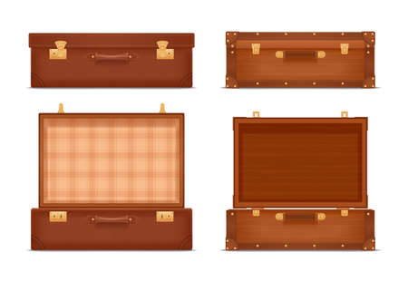 Realistic set of closed and opened vintage suitcases with locks and metal corners isolated vector illustrationのイラスト素材