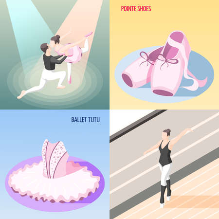 Ballet 2x2 design concept set of dancer couple ballerinas training at barre tutu and pointe shoes isometric compositions vector illustrationのイラスト素材