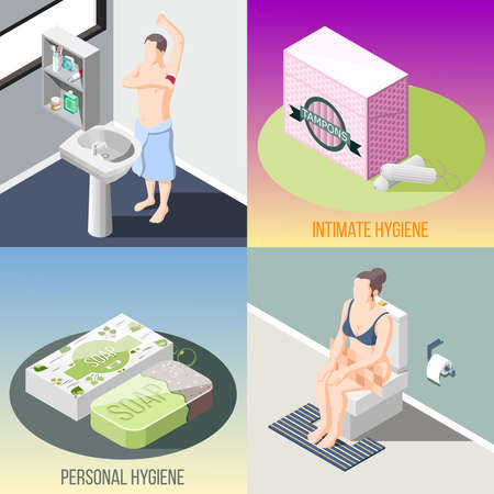 Hygiene isometric 2x2 design concept set of people in bathroom and toilet interiors and items for personal and intimate hygiene vector illustrationのイラスト素材