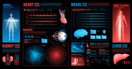 Medical dark interface elements with brain kidney and heart search system symbols flat isolated vector illustrationのイラスト素材