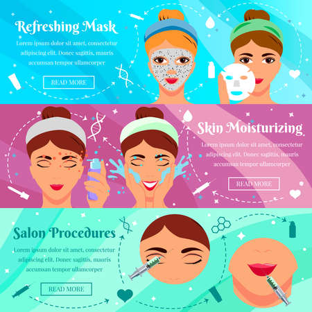 Set of flat horizontal banners cosmetic face masks and procedures of beauty salon isolated vector illustrationのイラスト素材