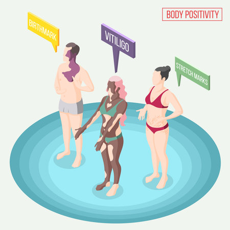 Body positivity movement isometric composition with people in underwear demonstrating their skin problems vector illustrationのイラスト素材