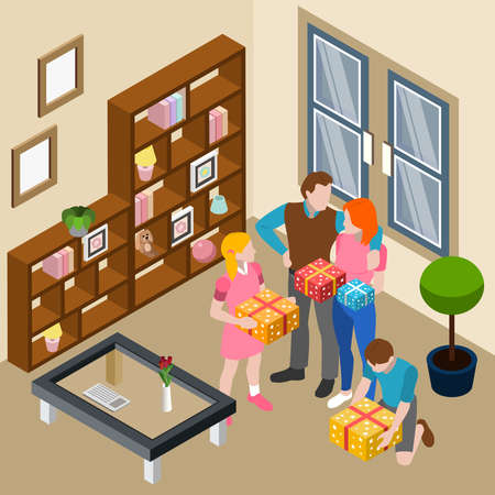 Family home living room interior event celebration isometric composition with parents daughter son opening presents vector illustrationのイラスト素材