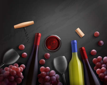 Wine realistic composition with red and white wine and grapes vector illustrationのイラスト素材