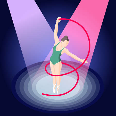 Ballet isometric composition of ballerina with ribbon in pointe shoes on stage illuminated by spotlights vector illustrationのイラスト素材