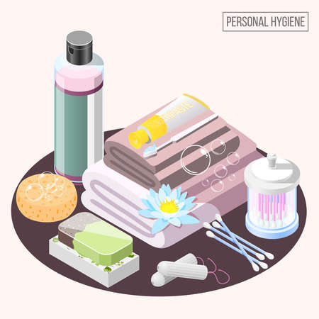 Personal hygiene isometric composition with shower gel soap stack of towels ear cleaning sticks vector illustrationのイラスト素材