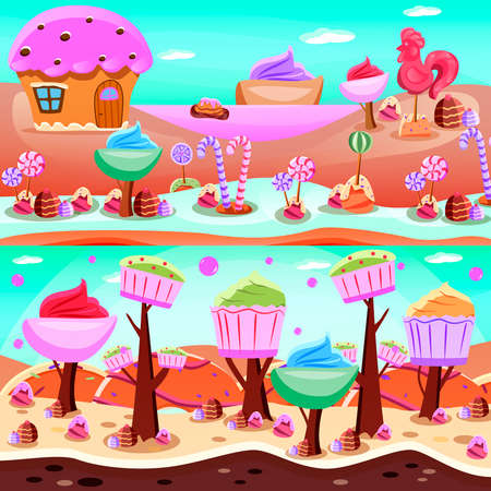 Fairy tale candy land flat compositions with sweet lake and forest from cupcakes isolated vector illustrationのイラスト素材