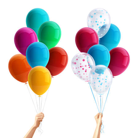 Party balloons in hand realistic composition with yellow green red and pink balloons isolated vector illustrationのイラスト素材