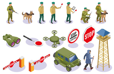 Border service isometric icons guards with equipment warning signs patrol dog and surveillance tower isolated vector illustrationのイラスト素材