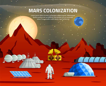 Mars colonization flat composition with spaceman on base station communication center and resource equipment vector illustrationのイラスト素材