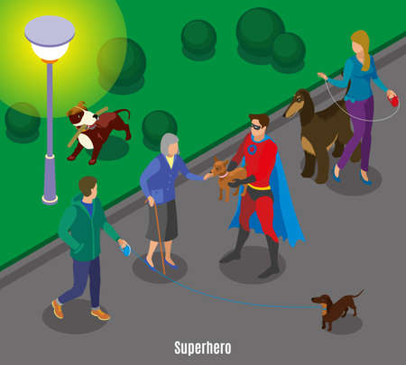 Super hero holding pet of old lady during dogs walking in evening time isometric vector illustrationのイラスト素材