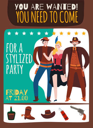 Wild west cowboy poster with hand written style text description and isolated icons of vintage accessories vector illustrationのイラスト素材