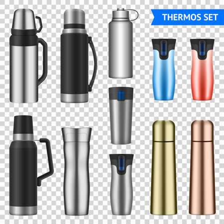 Vacuum bottles flasks insulating storage vessels for drinks food stainless steel  realistic varieties set transparent vector illustrationのイラスト素材