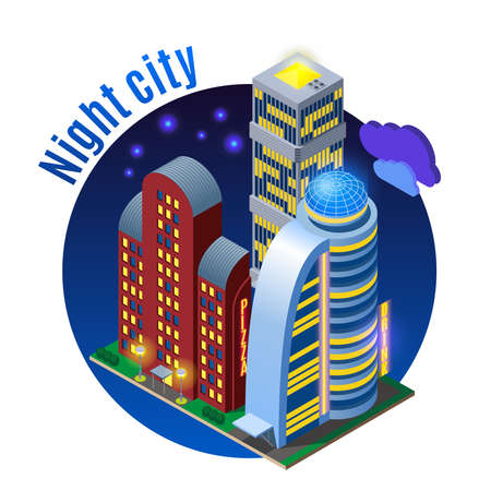 Luminous sky scrapers with modern architecture at night isometric round composition on dark background vector illustrationのイラスト素材